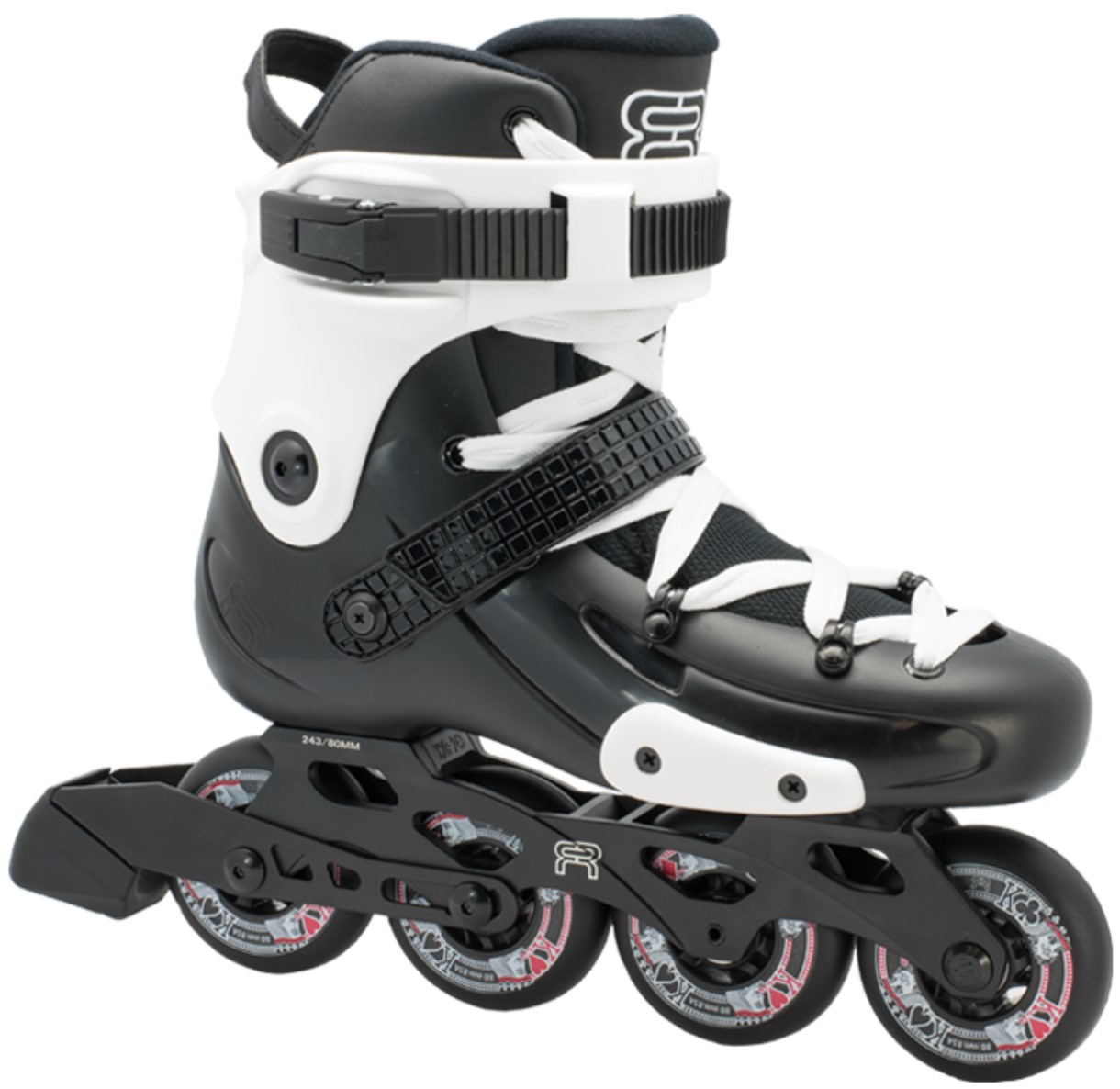 FRW urban inline skate of the brand FR in the colours black and white, and with black 80 mm wheels and a FR brake